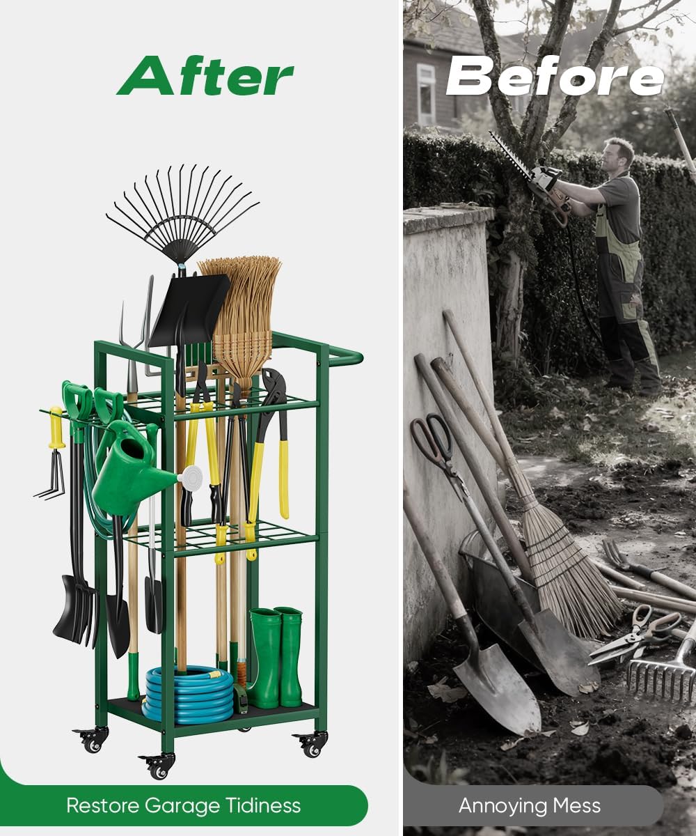 Garden Tool Organizer with Wheels, Heavy Duty 3 Tier Metal Yard Tool Storage Rack Holder with Side Hooks, Freestanding Garage Organizer for Shovels, Rakes, Brooms, Indoor Outdoor Use, Black