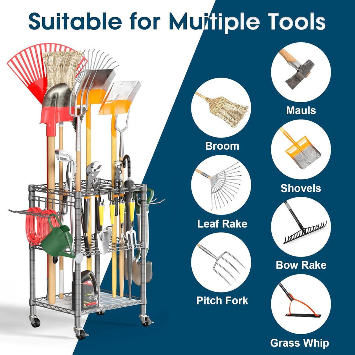 T1 Garden Tool Organizer(With Lockable Wheels)Heavy Duty Garage Tool Storage for Yard,Shed,Outdoor and Lawn,Freestanding Tool Organizers and Storage UP to 50 Tools,Black with Anti-Tip Device