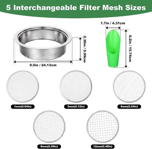 Soil Sieve Set Garden Soils Sifter Stainless Steel Mesh Sifters Compost Sifter with 1,3,6,9,12mm Sieve Mesh and Bonsai Soil Scoop