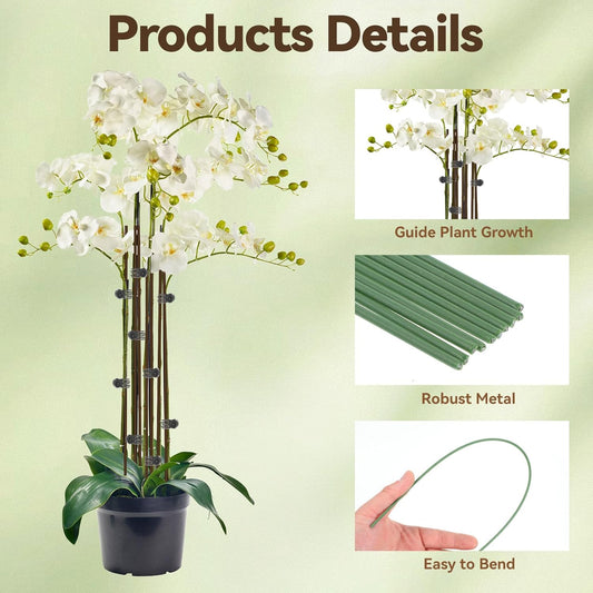 JJUNW 10 Pcs Plant Stakes for Indoor Plants, Plants Support Stakes with 15 Pcs Plant Clips, 15.75 Inch Orchid Clips for Garden Supporting Stems Vines Stalks Grow Upright Flowers Gardening