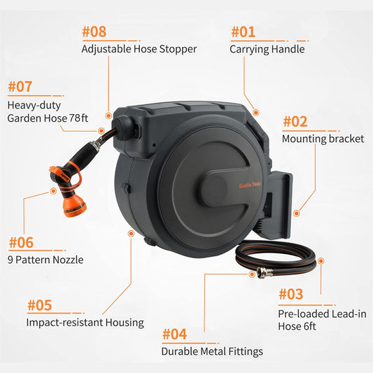 Giraffe 2 Way Hose Splitter with Garden Hose Reel Retractable 1/2" 78ft Heavy Duty Heavy Duty 9 Pattern Hose Nozzle Any Length Lock