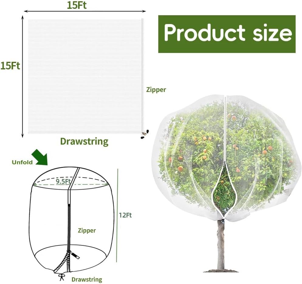 2Pcs 10X10ft Fruit Tree Netting Covers for Birds and Squirrels –Bird Nets for Fruit Trees with Zipper and Drawstring, Extra Large Durable Mesh Garden Netting to Protect Fruit Trees