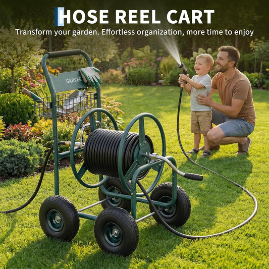 Garden Hose Reel Cart with Wheels, Hold Up to 300 ft of 5/8" Hose