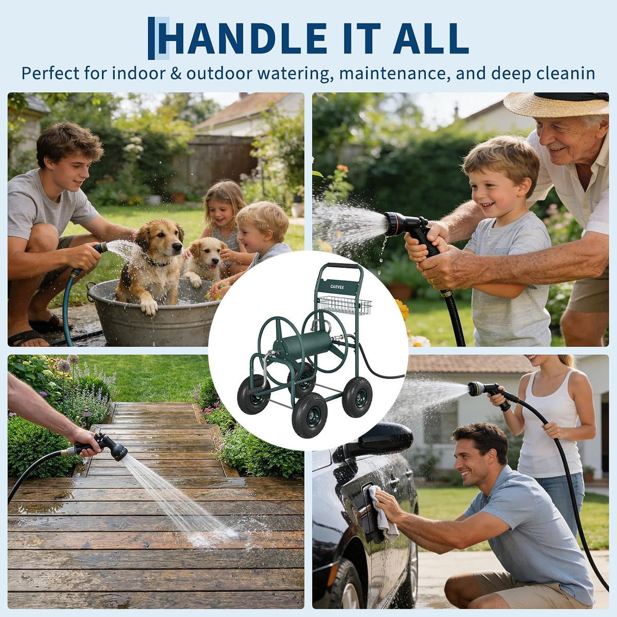 Garden Hose Reel Cart with Wheels, Hold Up to 300 ft of 5/8" Hose