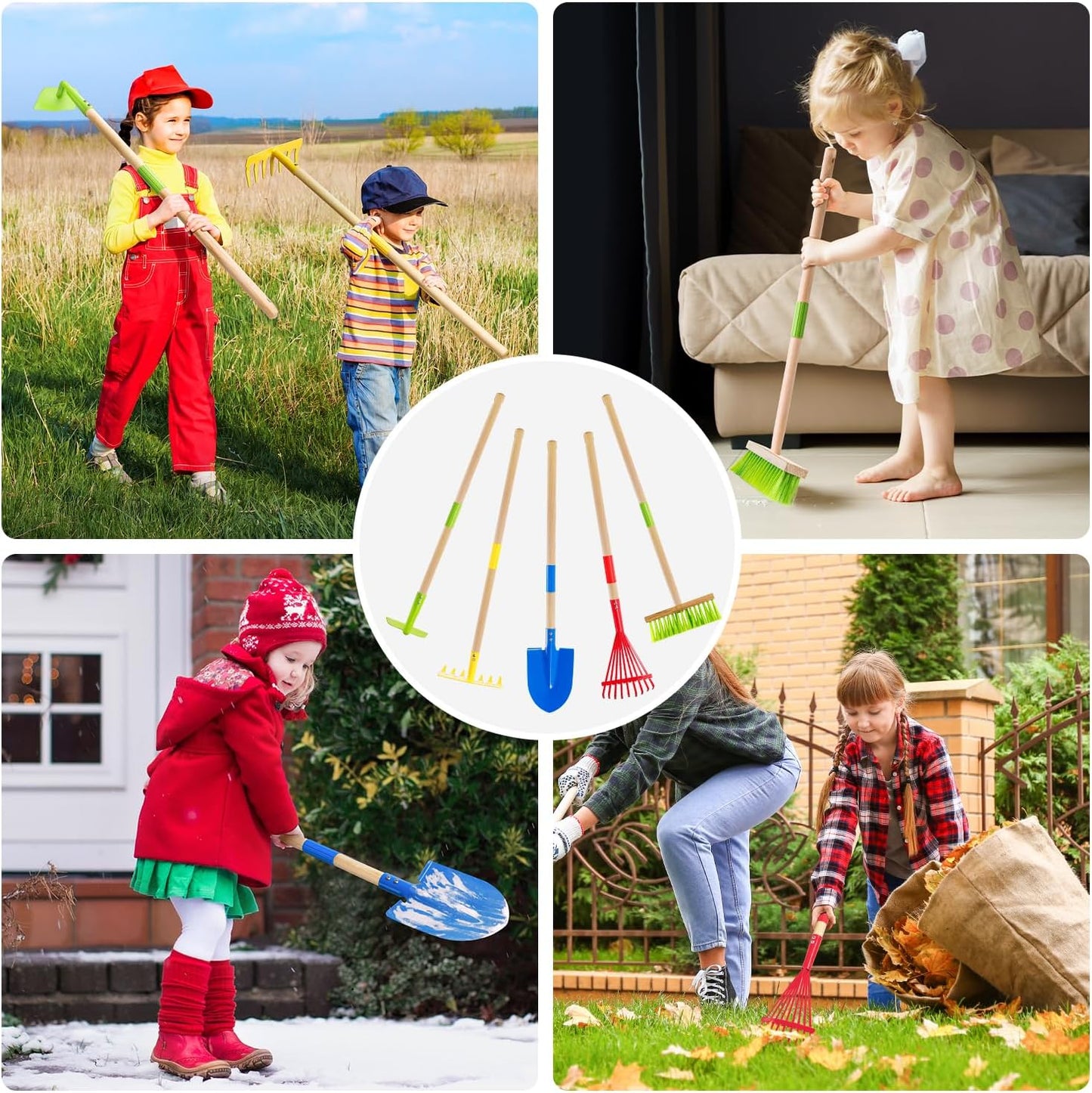 Kids Garden Tool Set 5pcs, Toddler Hoe Rake Shovel Leaf Rake Broom