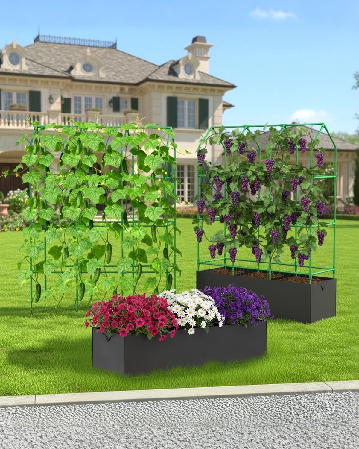 Cucumber Trellis for Climbing Plants Outdoor, A-Shape Garden Trellis for Raised Bed, Metal Plant Trellis with Garden Netting for Flower Vegetables, Pea, Grape (50 * 17 * 65inch(L*W*H)