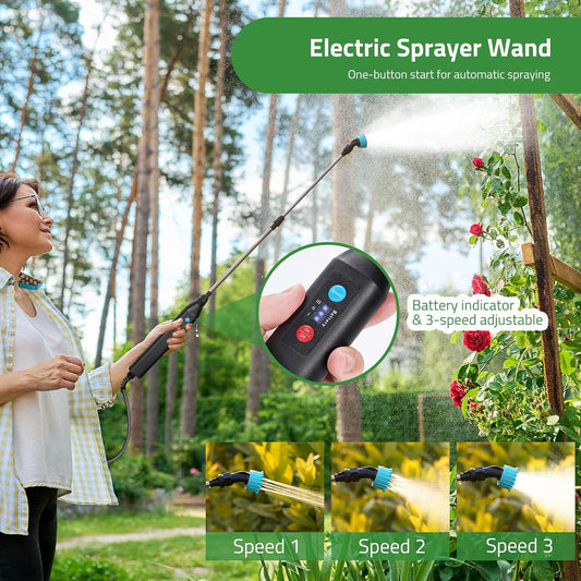Battery Powered 33" Garden Sprayer Wand, 3 Adjustable Speeds, 4 Mist Nozzles, 10 FT Hose, Black, ABS Handle, Stainless Steel Tube, Lawn & Garden Sprayer
