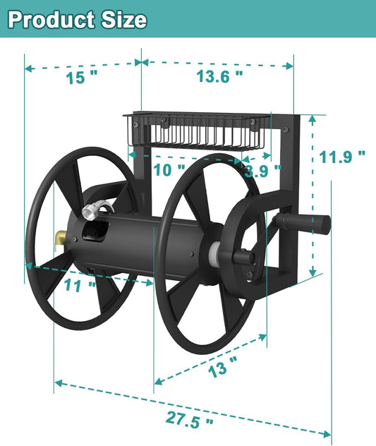 Garden Wall Mounted Hose Reel, Outdoor Heavy-Duty Water Hose Holder Winder, Holds 125 Feet of 5/8-Inch Hose, with 3.9 ft Leader Hose, Water Fitting and Storage Basket for Yard, Black