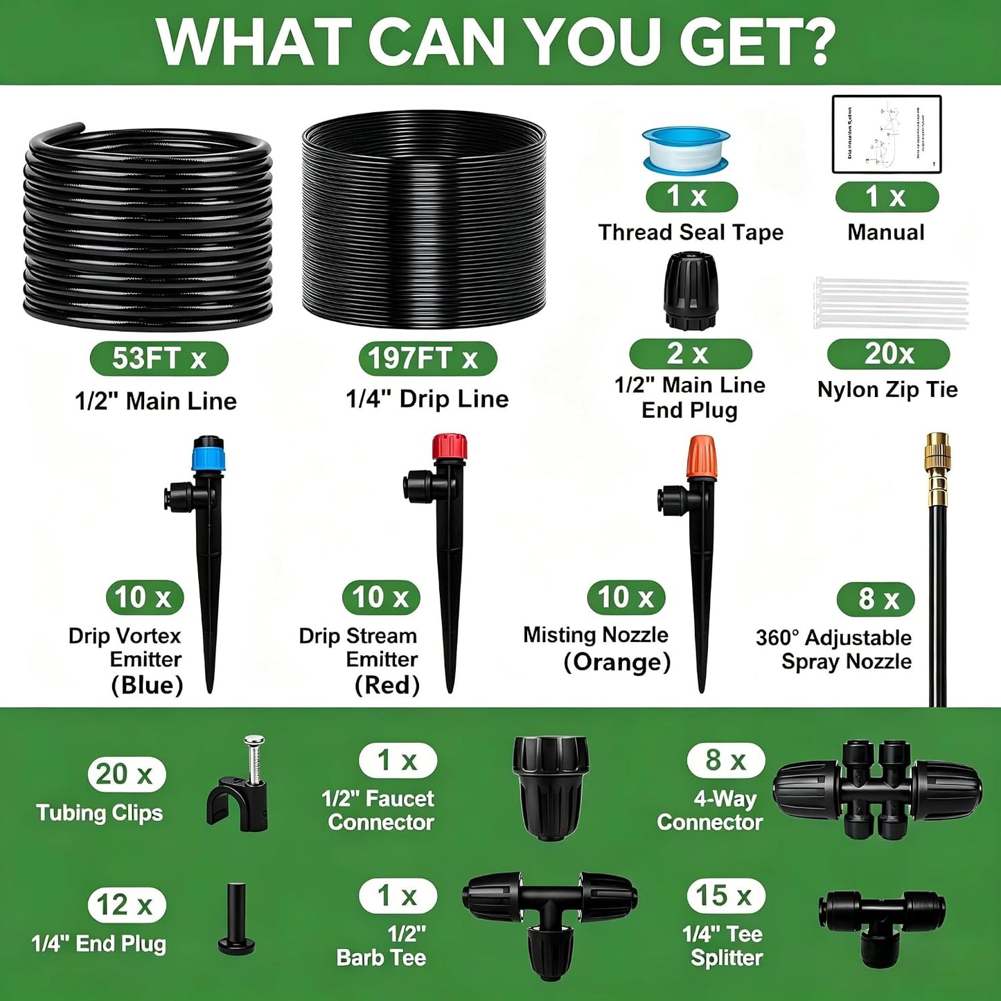 230FT Drip Irrigation System for Garden with 38pcs Adjustable Copper Nozzles & Emitters, Automatic Garden Watering System with 1/2" & 1/4" Tubing for Raised Bed, Yard, Greenhouse, Potted Plants, Lawn