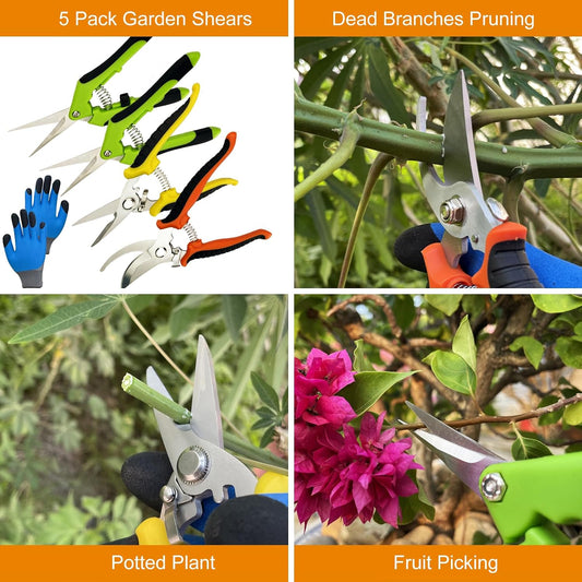 Pruning Shears, 5 Pack Garden Shears with Gardening gloves, Clippers Handheld, Stainless Steel Garden Snips, Pruners for Gardening