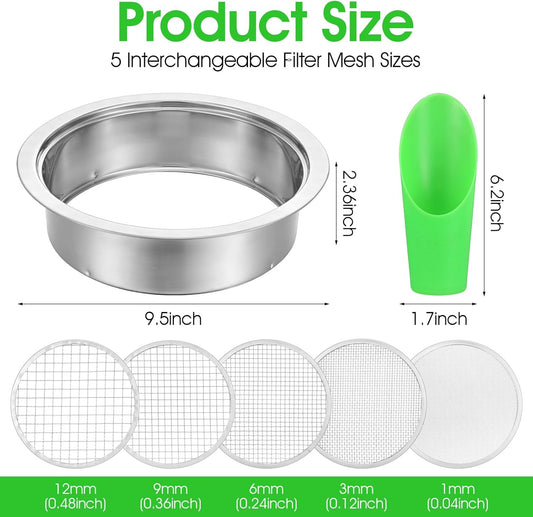 Soil Sieve Set with 5 Stainless Steel Mesh Sifter Screens (1/3/6/9/12mm) & Plastic Scoop - 7.7" Diameter Garden Soil Sifter for Compost, Sand, Rocks
