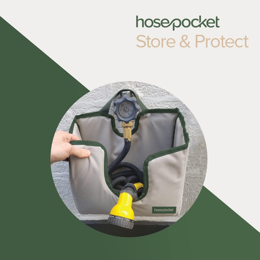 Expandable Garden Hose Holder by Hose Pocket – Store Your Expandable Garden Hose Neatly and Simply – Size Small Designed for 25-50 ft. Hose (Small)