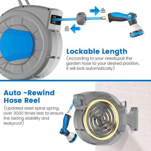 REDUCTUS Retractable Garden Hose Reel Wall Mount 1/2" x 100 ft + 6.5 ft Water Hose Reel for Outside with 10 Pattern Nozzle, Automatic Slow Rewind System/Lock Any Length/180°Swivel