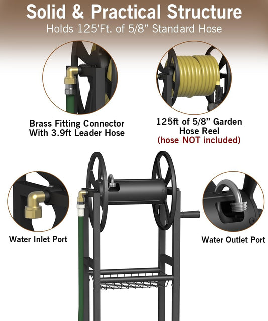 Ground Mount Garden Hose Reel Holds 125 Feet of 5/8-Inch with 3.9 ft Leader Hose, Brass Fitting, Water Hose Holder Stand with Storage Rack & 4 Spikes Base for Outdoor Lawn, Black