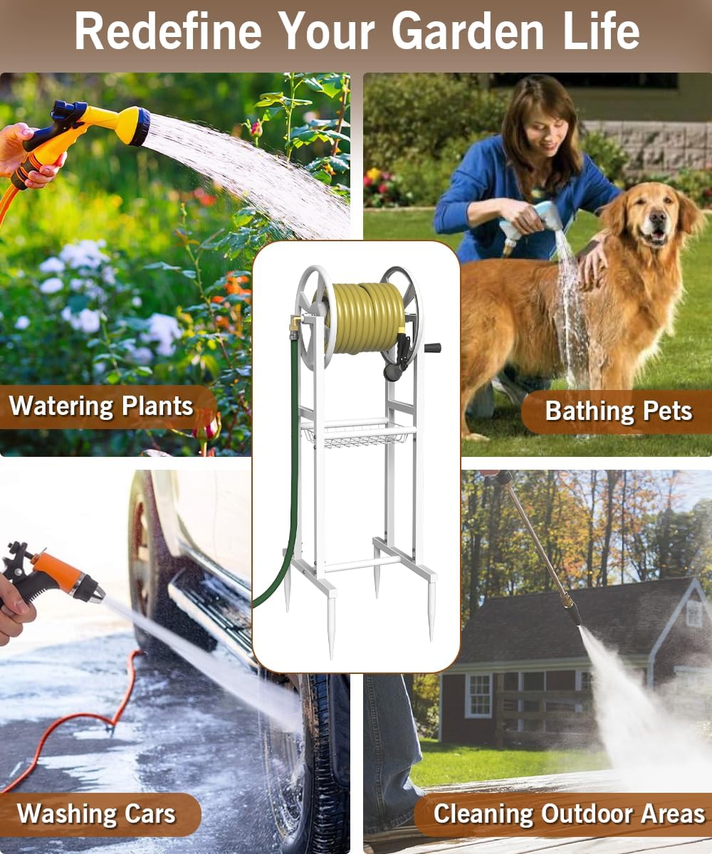 Ground Mount Garden Hose Reel Holds 125 Feet of 5/8-Inch with 3.9 ft Leader Hose, Brass Fitting, Water Hose Holder Stand with Storage Rack & 4 Spikes Base for Outdoor Lawn, Black