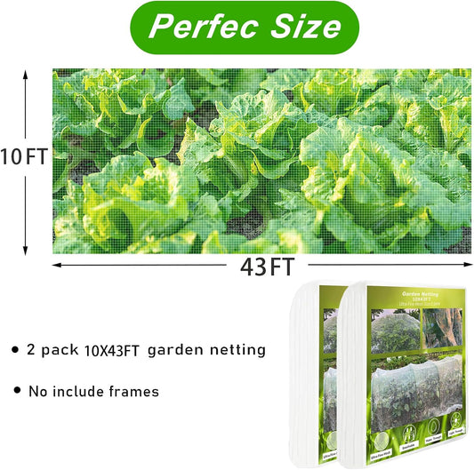 2 Pack 10X43FT Garden Netting for Raised Beds, Ultra Fine Insect Netting for Vegetable Flowers Fruits Greenhouse Crops, Garden Mesh Plant Cover Row Cover Barrier Protection Net for Birds
