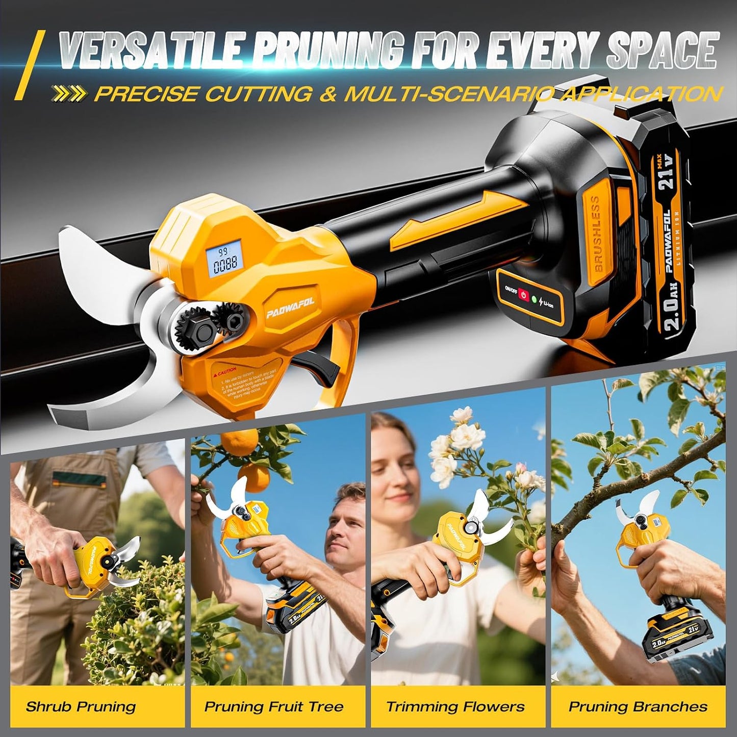 Electric Pruning Shears, 1.6" (41mm) Cordless Power Pruner with LCD Display, Brushless Motor, 2x2000mAh Batteries, 2xSK5 Blades, Battery Powered Branch Cutter for Garden Trimming