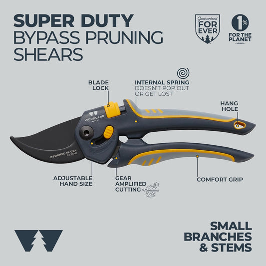 . Super Duty Bypass Pruning Shears – 3/4" Cut Capacity, Gear-Driven Cutting System, High Carbon Steel Blade, Internal Spring, Adjustable Grip, Garden Pruner for Thick Stems and Shrubs