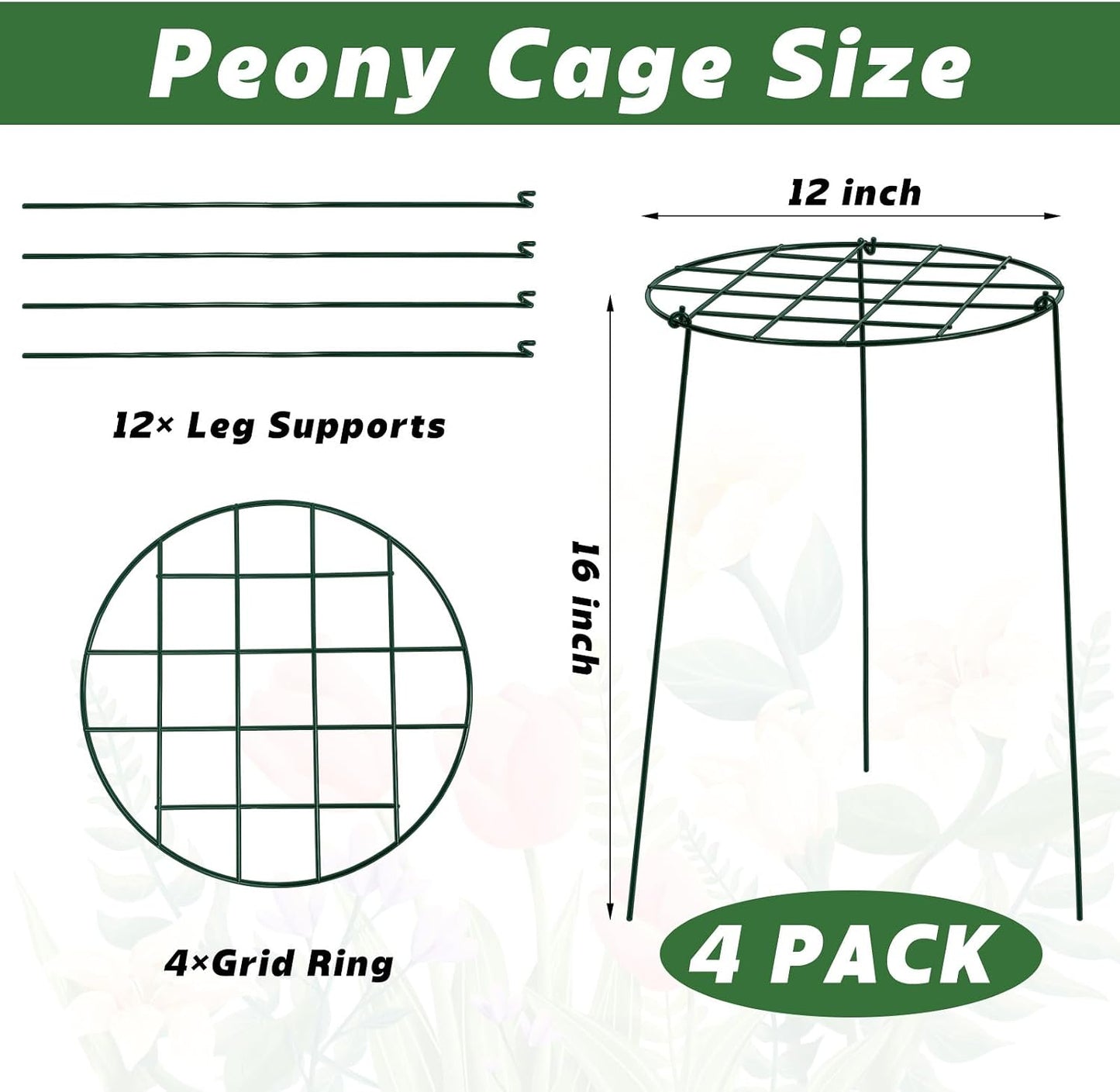 4 Pack Round Peony Cages and Supports 20 x 30 Inches (D x H) Grow Through Grid Plant Brace Plant Support Stake Heavy Duty Metal Flower Support Rings for Rose Tomato Hydrangea Strawberry