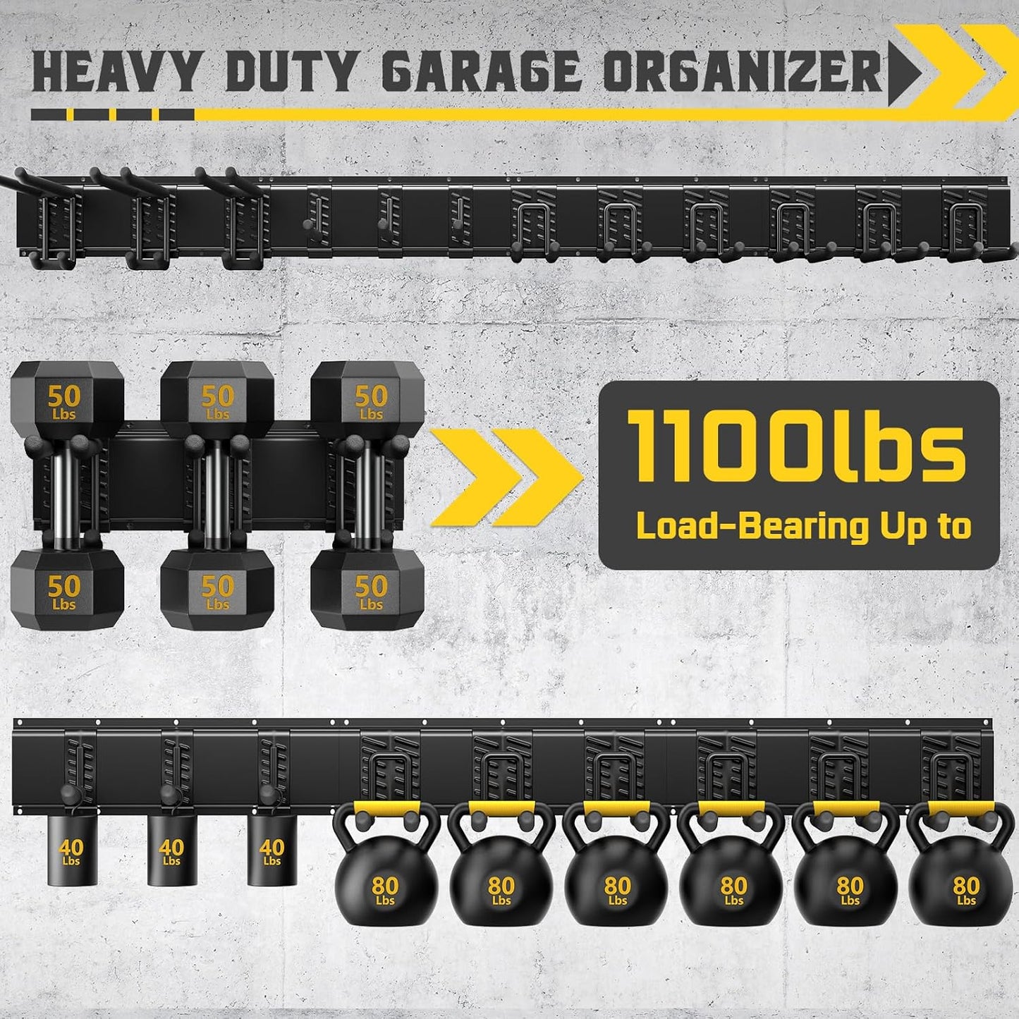 64" Garage Wall Tool Organizer, 900 Lbs Heavy Duty Steel Garden Tool Storage Rack & Garage Organization for Yard, Shed, Garage - 12 Longer & Thicker Hooks + 2 Straps