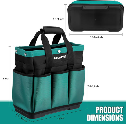 GrenPRO Garden Tool Bag Molded Bottom, Heavy Duty Tool Tote Toolbox with 10 Pockets, Reinforced & Top Snap Closure for Gardening Tools Storage, Dark Green(Tools Not Included)