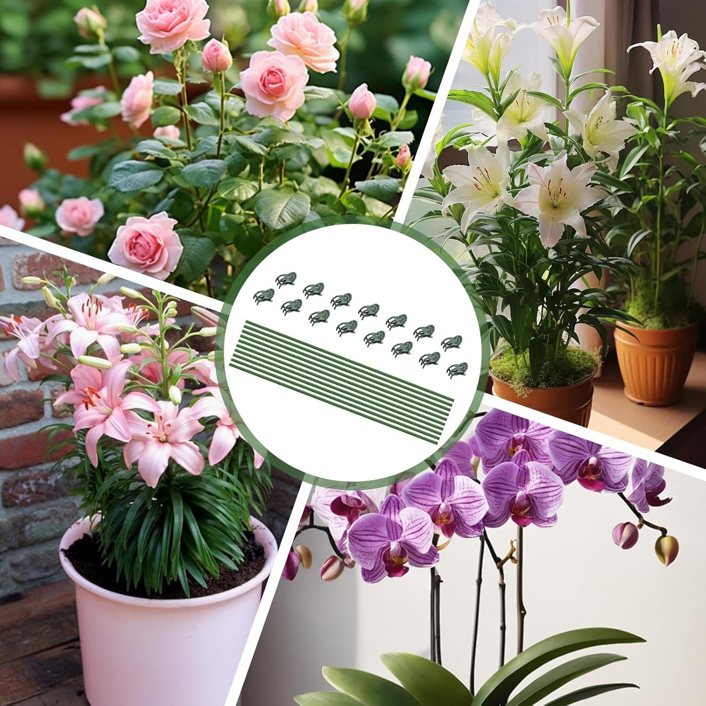 10 Pack 15.7" Plant Support Stakes with 15 Clips, Green Bendable Orchid Stakes for Indoor Outdoor Plants, Plastic Coated Plant Sticks Support for Potted Flowers, Vines, Roses, Tall Stem Plants