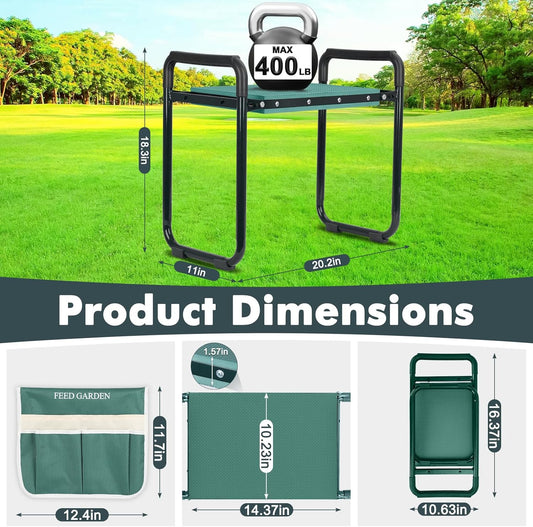 FEED GARDEN Garden Kneeler and Seat, Upgraded Foldable Gardening Stool with 10.23" Wide Kneeling Pad, Heavy Duty Gardening Bench Chair with 2 Tool Pouches, Gardening Gifts for Seniors Mom Women Men