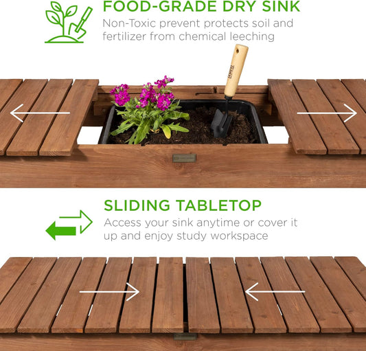 Best Choice Products Mobile Garden Potting Bench, Outdoor Wood Workstation Table w/Sliding Tabletop, 4 Locking Wheels, Food Grade Dry Sink, Storage Shelves - Sage Green