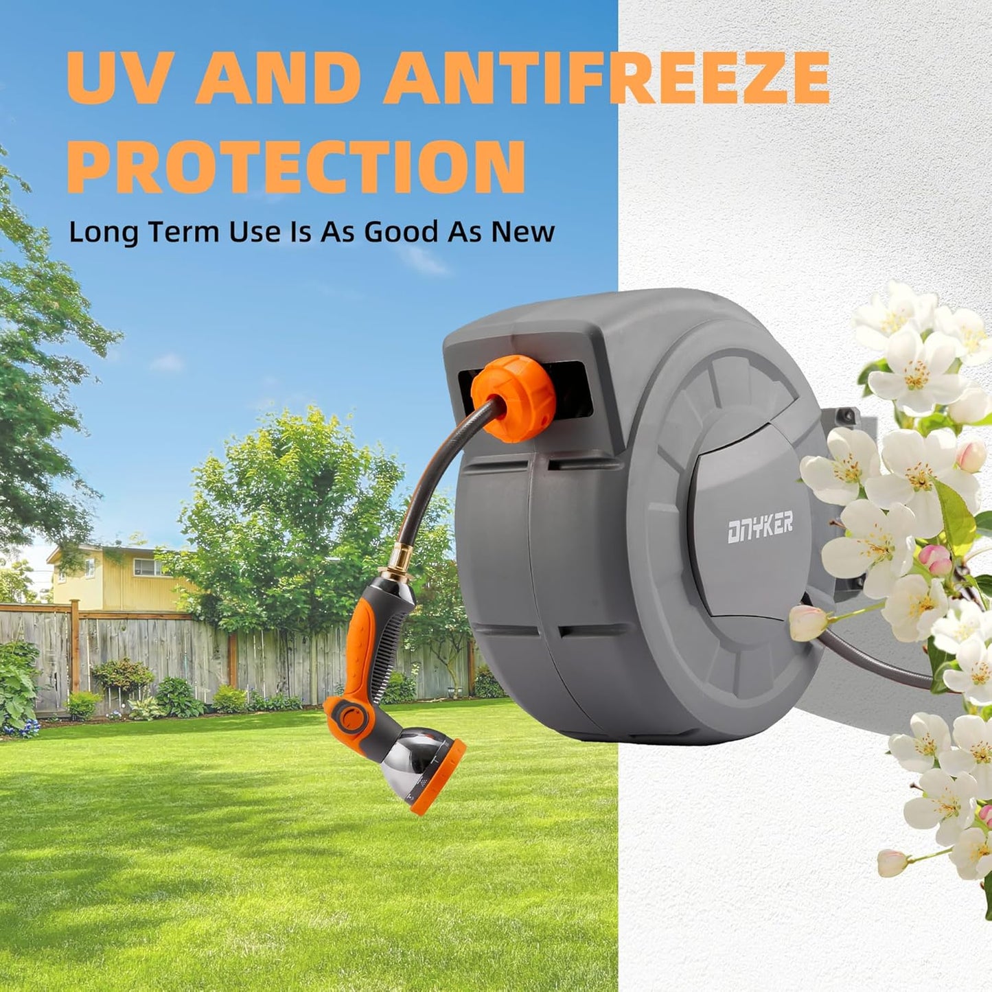 Retractable Garden Hose Reel, 1/2 inch x 100 ft Water Hose Reel Wall Mounted, Any Length Lock, Slow Auto-Rewind, 180°Swivel Bracket & 10 Pattern Nozzle