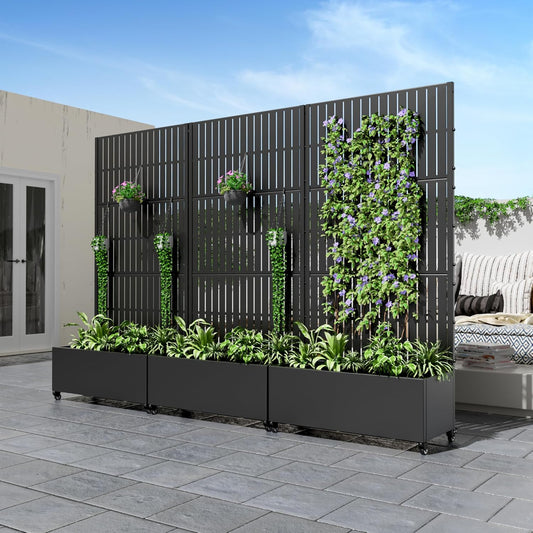Casaphoria Metal Raised Garden Bed with Trellis and Wheels, 72"x47"x16" Planter Box for Climbing Plants, Vegetables & Vines, Features Drainage Holes and Privacy Screen (Black-Louver) - Colors D