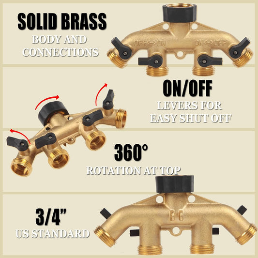 Heavy Duty Brass Garden Hose Splitter, 3/4" 4-Way "Y" Shut-Off Hose Connector Outlet Splitter Spigot Adapter with 2 Kink-Free Outdoor Faucet Extension Hose Protectors for House Lawn Patio Garden