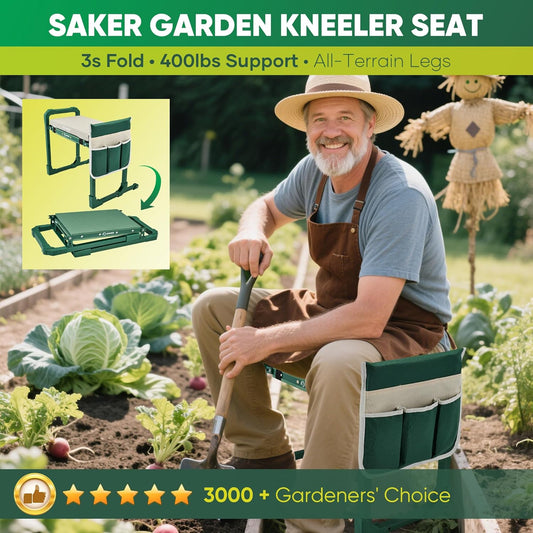 Saker Garden Kneeler and Seat Foldable Gardening Stool with Extendable Legs & Thickened Pad, Tool/Storage Bag, Heavy Duty 400lbs Support for Elderly, Gardening, Outdoor Use