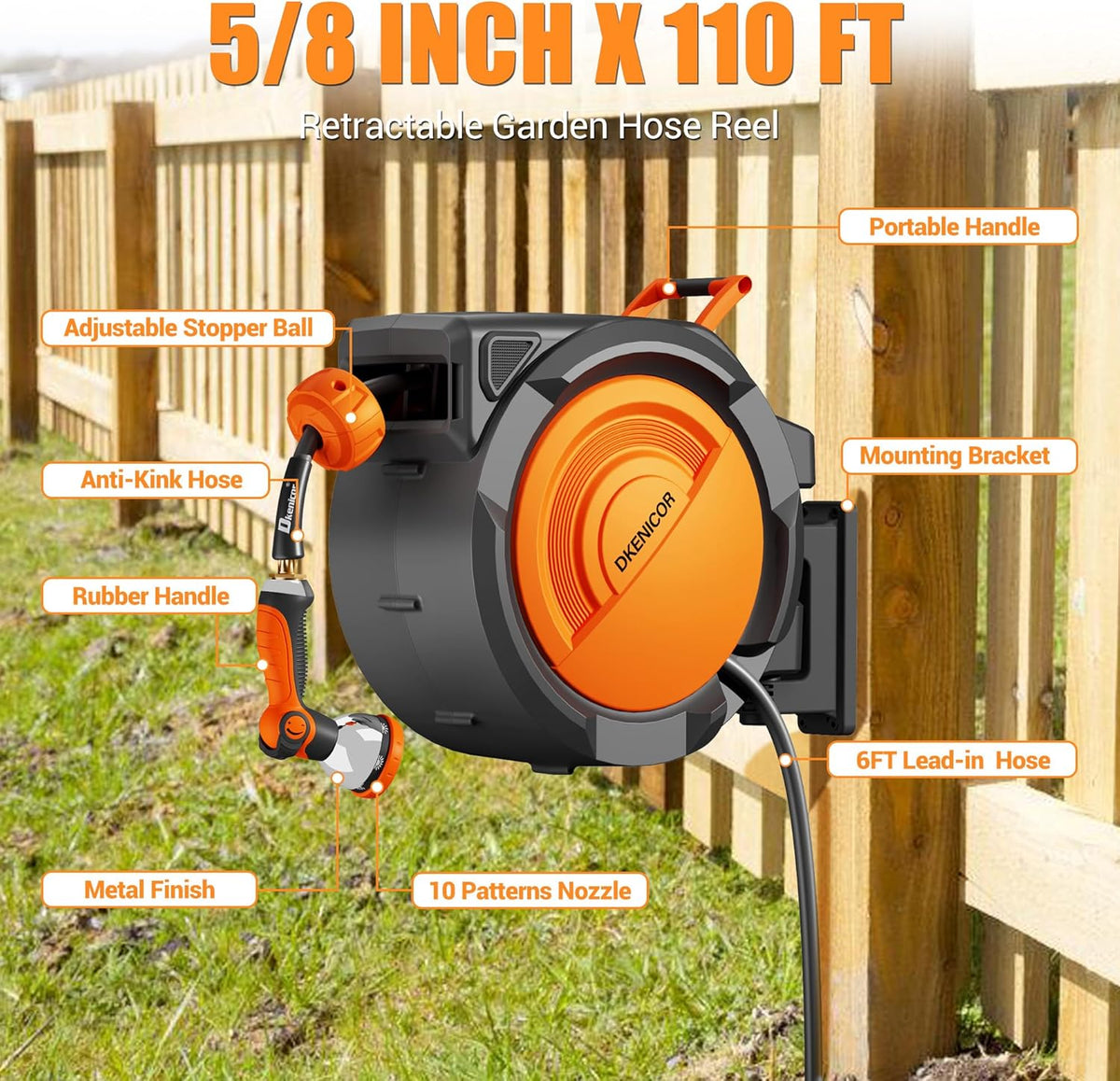 5/8" × 110 ft Retractable Hose Reel, Heavy Duty Retractable Garden Hose Reel Wall Mounted with 10-Pattern Hose Nozzle/Any Length Lock/Slow Return System/180°Swivel Bracket