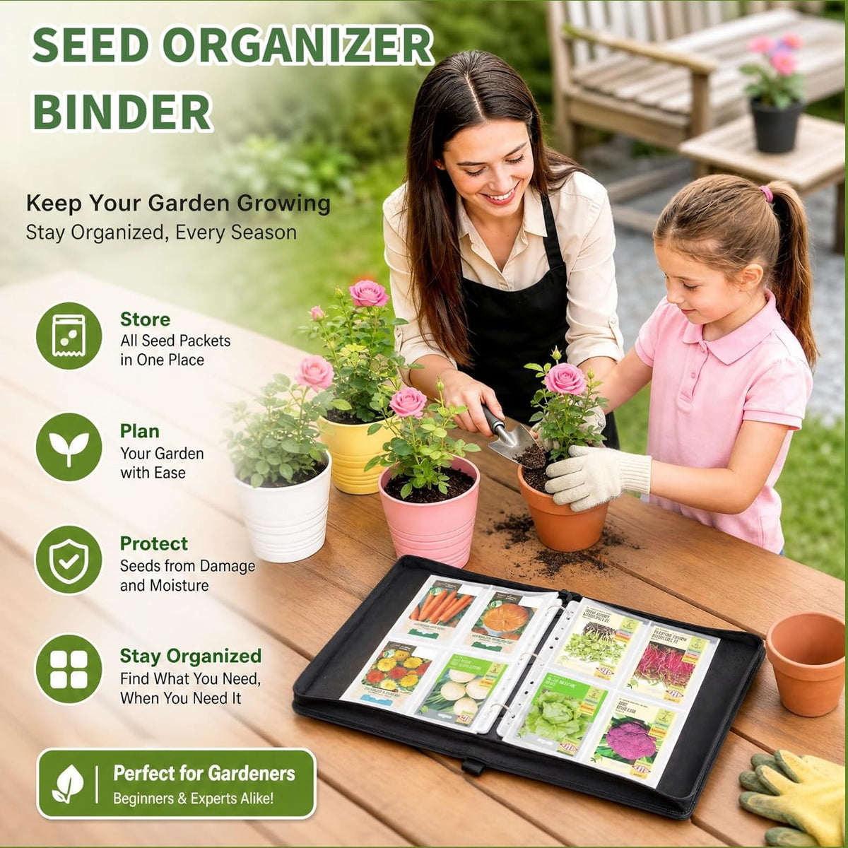 Zippered Seed Storage Organizer Binder with Handle, Waterproof & Insect-Proof Gardening Seed Book, 4 * 6 Inch Pocket Fits Most Seed Packets and Hold 120+ Seed Envelope