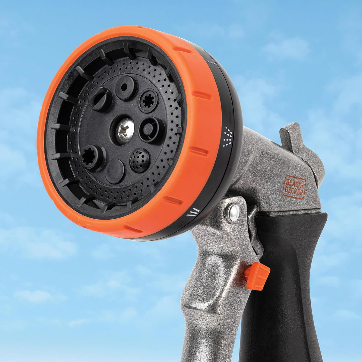 Black + Decker® 8-Pattern Zinc Front Trigger Nozzle – Durable Metal Build, Comfortable Grip, Precision Control BD59378