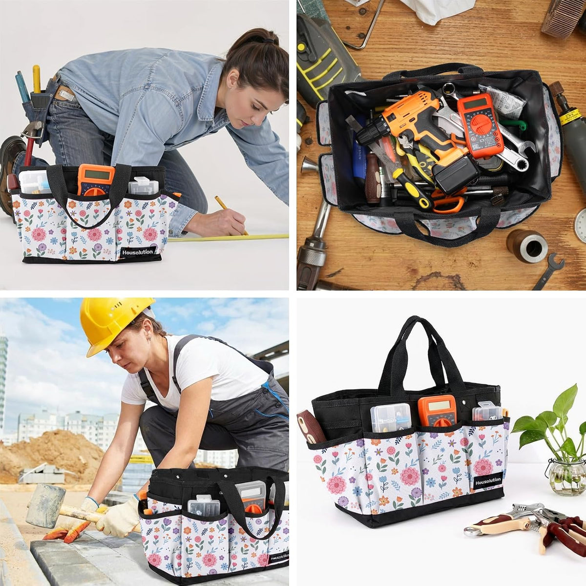 Housolution Gardening Tote Bag, Deluxe Garden Tool Storage Bag and Home Organizer with Pockets, Wear-Resistant & Reusable, 14 Inch, Pink