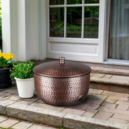 Monarch Abode Garden Hose Holder with Lid – Decorative Water Hose Holders for Outside, Hand Hammered Metal Matte Black Pot with Drainage, 100ft Waterhose Holder for Outside, Garden Storage Caddy