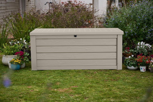 Keter 150 Gallon Resin Large Deck Box Organization and Storage Box for Patio, Outdoor Cushions, Garden Tools, Brown
