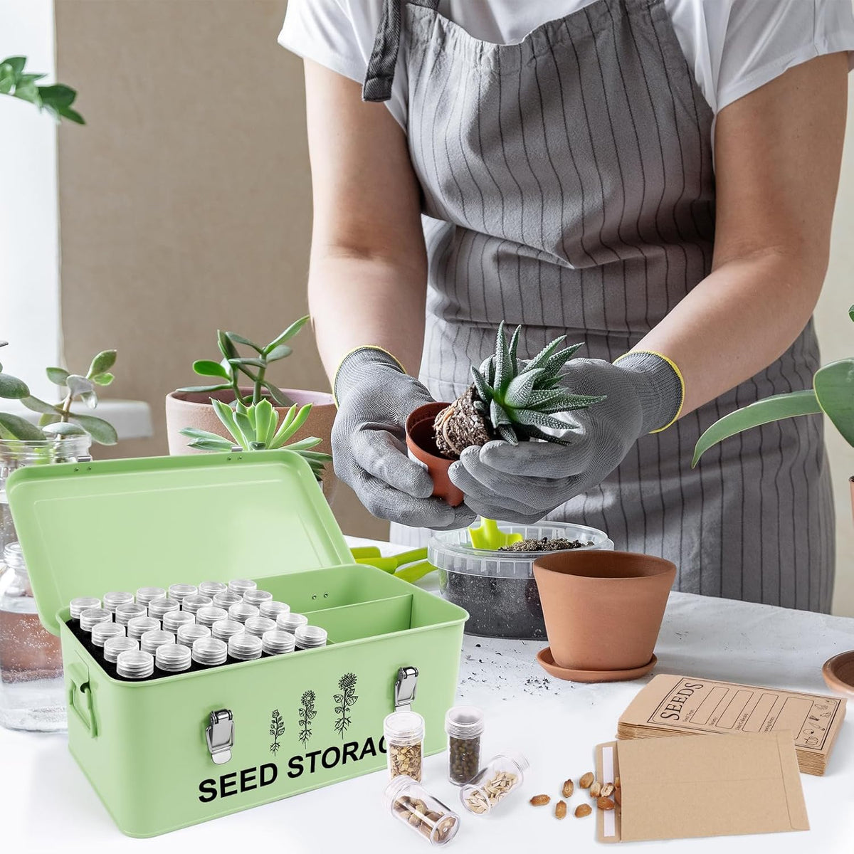 60 Slots Seed Storage Organizer, Metal Seed Saving Box with Lid and Safety Locks, Seeds Storage Container with 60 Seeds Envelopes and 64 Label, 3 Compartments, Perfect for Flower Plants Garden