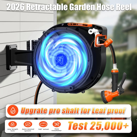 Retractable Garden Hose Reel 65 FT 1/2 IN for Outside, Upgraded 10 Spray Patterns, Heavy Duty Automatic Water Hose Reel with Any Length Lock, Wall Mount, Pro Guide System, 180° Swivel