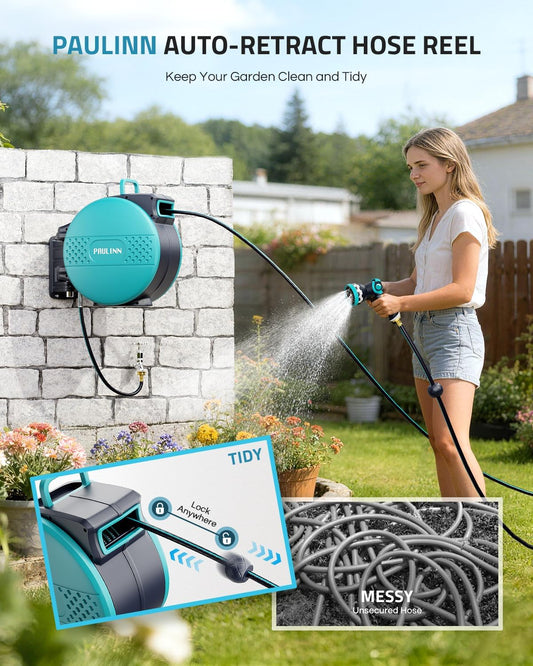 PAULINN Retractable Garden Hose Reel 1/2 Inch x 100 ft, Heavy Duty Wall Mounted Automatic Hose Reel with 10 Patterns Nozzle, Any Length Lock, Slow Return System, 180° Swivel Bracket & UV Resistant
