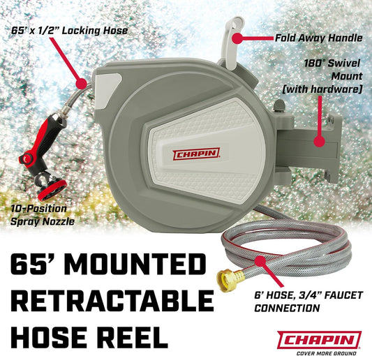 Chapin 5997 Garden Hose Reel, 65-feet Retractable, Wall Mounted Heavy-Duty Case, 180° Swivel Frame Mount, Automatic Retract, Locking Hose, 10 Position Metal Garden Hose Spray Nozzle