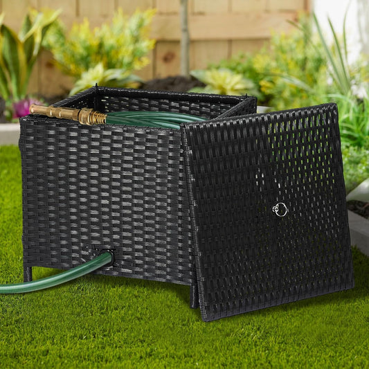Decorative Garden Hose Storage Box with Lid, Weather Resistant Handwoven PE Rattan Water Hose Holder, Storage For Garden Tools, 200FT 5/8'' Hose Capacity