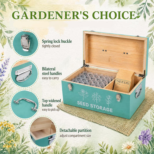 60 Slots Seed Storage Organizer, Metal Seed Saving Box with Lid and Safety Locks, Seeds Storage Container with 60 Seeds Envelopes and 64 Label, 3 Compartments, Perfect for Flower Plants Garden