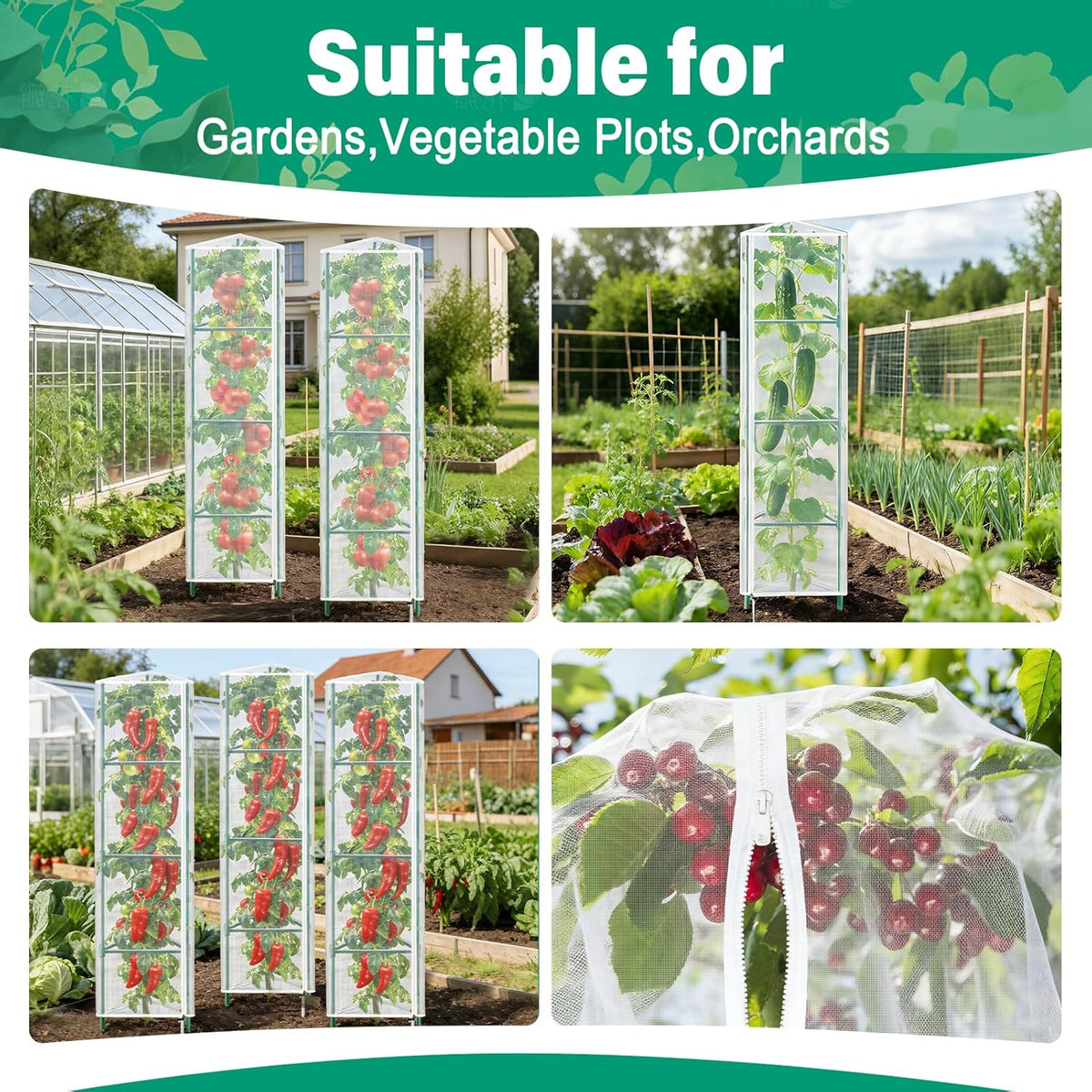 3 Pack Garden Bird Netting Plant Cover for Round Tomato Cage, 61"x13" Insect Bird Barrier Tomato Cage Net with Zipper & Drawstring, Tomato Trellis Netting Protection Cover for Protecting Plants
