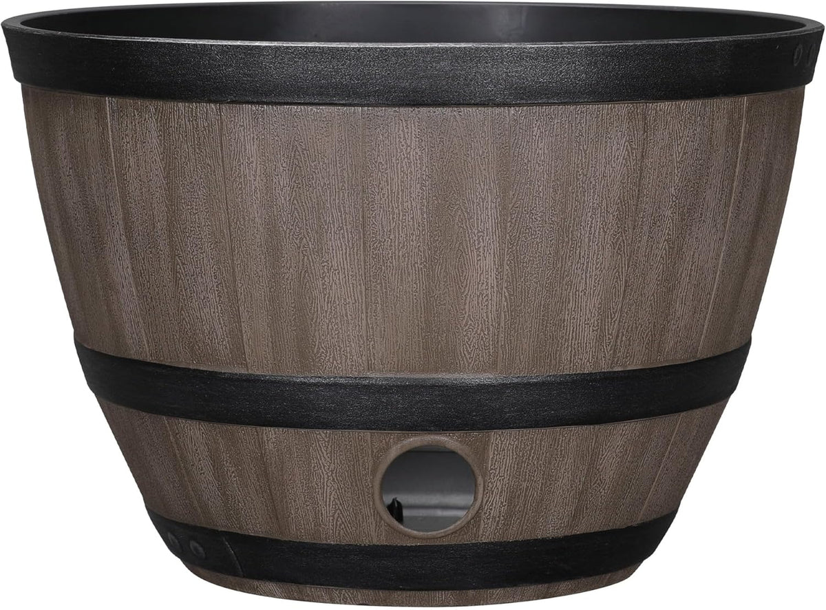 Whiskey Barrel Garden Hose Pot, 18"" Dia. x 12"" H, Walnut Brown – 100% Certified Recycled Resin Outdoor Water Hose Storage with Removable Drainage Plug, UV & Weather Resistant