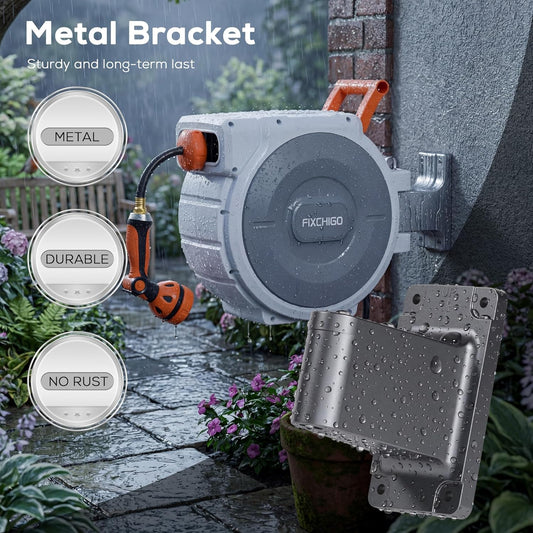 Retractable Hose Reel 5/8" x 100 FT, Heavy-Duty Garden Hose with Aluminum Bracket & Brass Seal, 10-Pattern Nozzle, Auto Rewind & Any-Length Lock, 180 Swivel, Wall Mount for Yard Lawn Patio