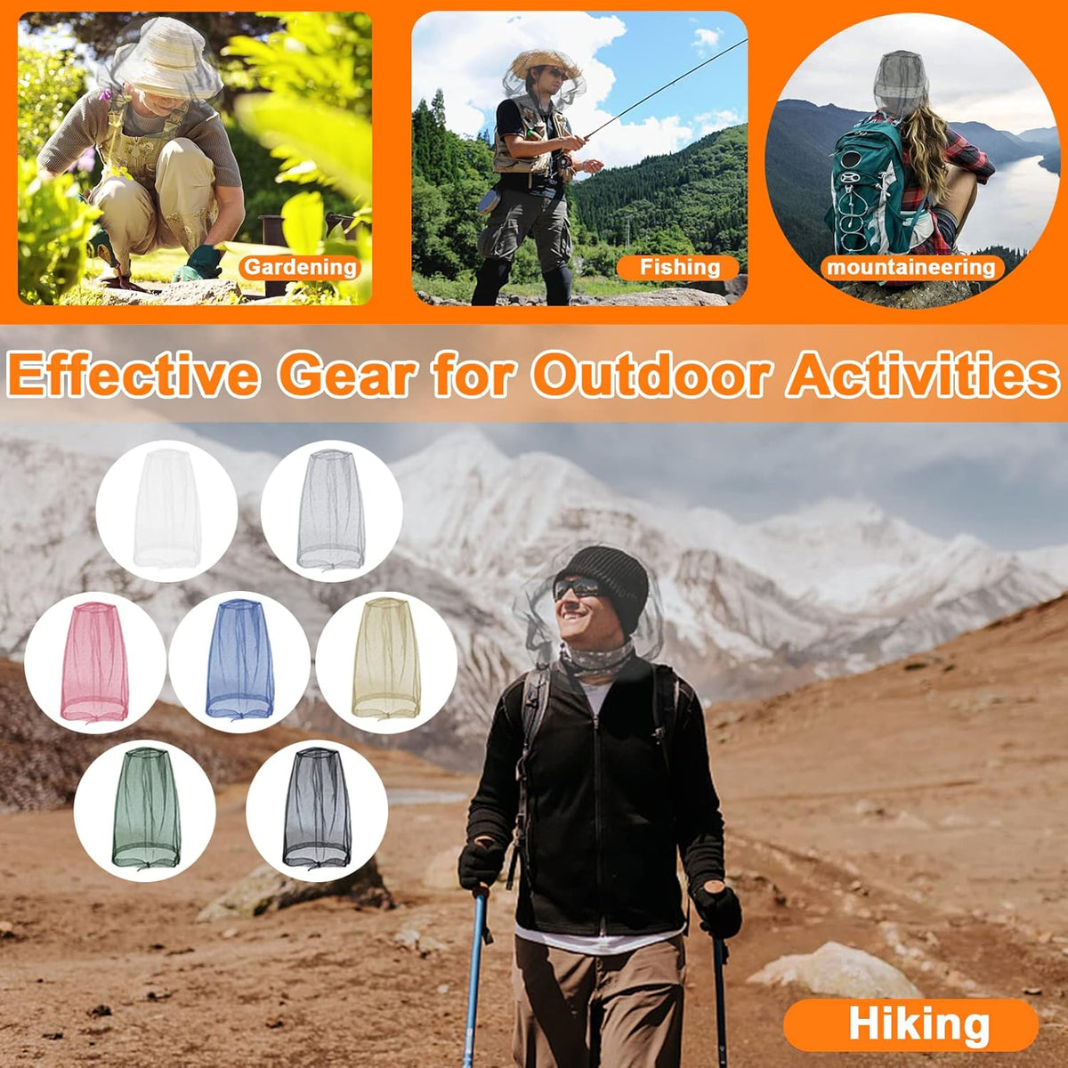 Benvo Mosquito Head Net Mesh, Face Neck Fly Netting Hood from Bugs Gnats Noseeums Screen Net for Any Outdoor Lover- with Carry Bags Fits Most Sizes of Hats Caps (2pcs, Black, Updated Big Net)