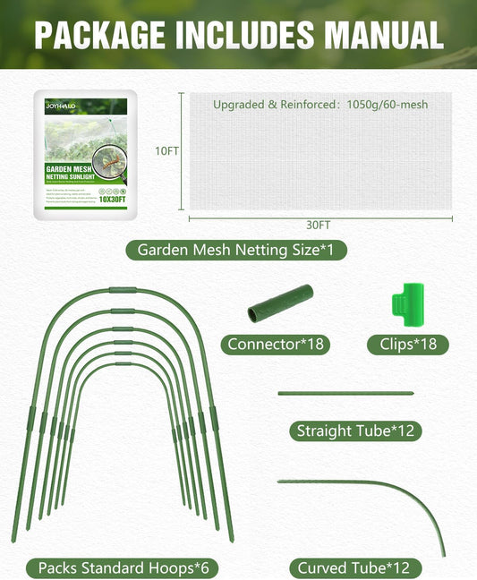 6 Sets Garden Hoops with 10x30 Ft Netting for Raised Beds, 18 Clips
