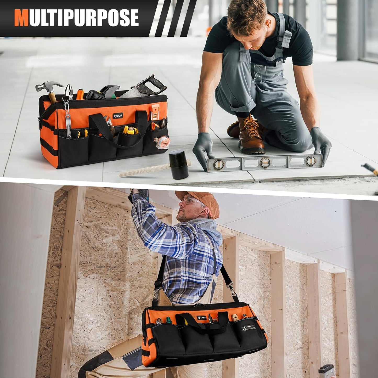 UUP Heavy Duty Tool Bag 15-Inch, 16-Pocket Portable Empty Tool Box Organizer, Big Storage Toolbox Organization, Soft Handle Large Zipper Carrying Toolbag, Father Day Gifts for Him Dad Men, Green